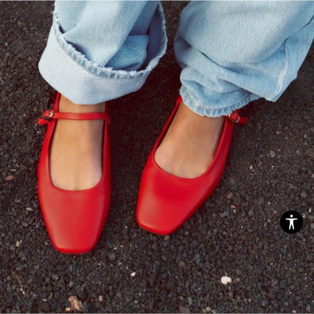 Zara Red Square Toe Flats with Strap